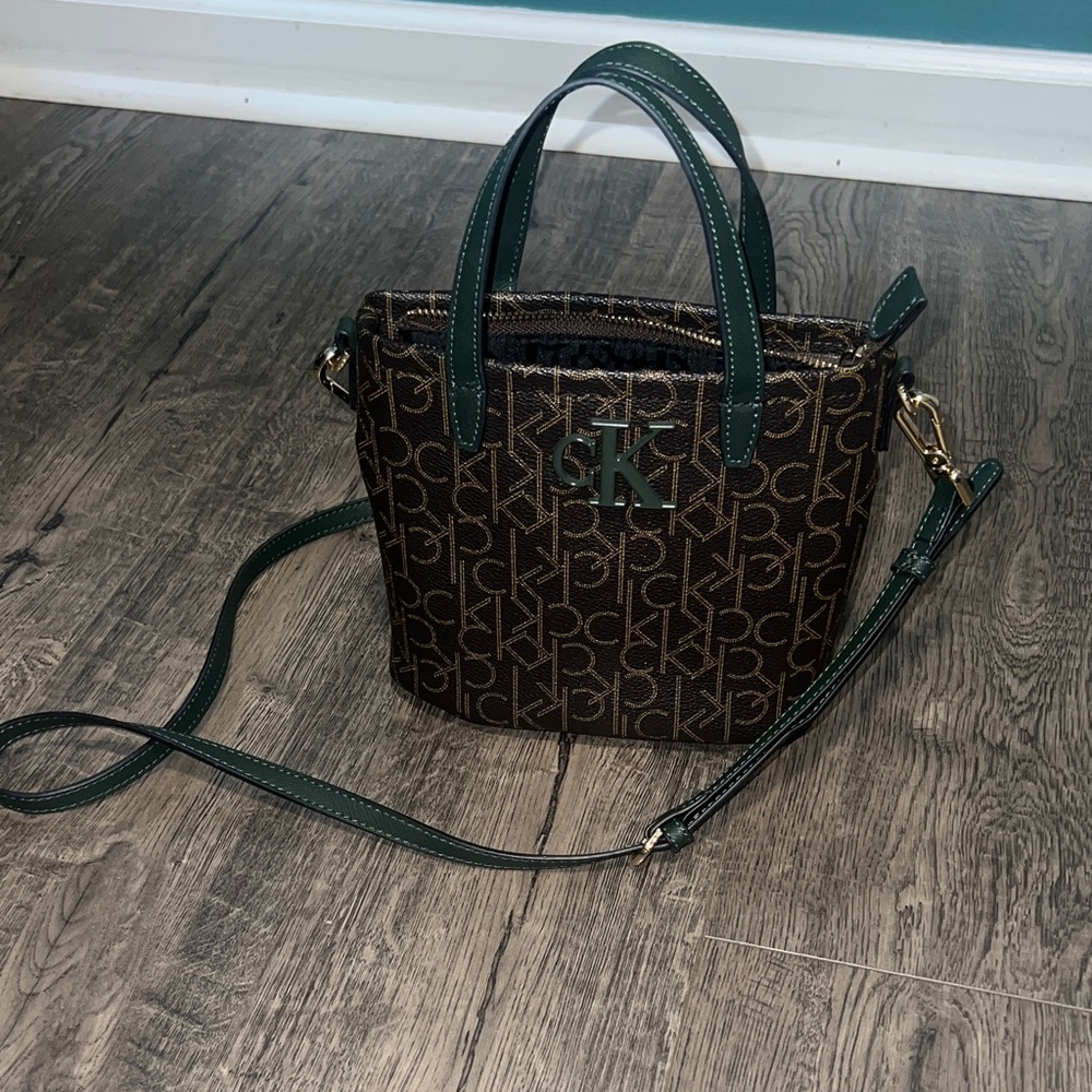 Calvin Klein Monogram Crossbody Bag in Brown and Green